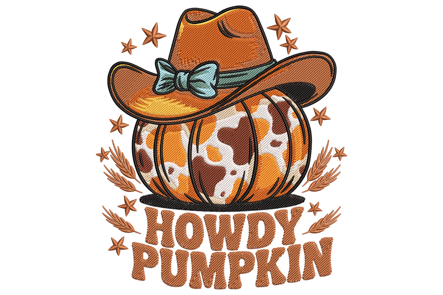 Embroidery design of smiling pumpkin wearing cowboy hat with rope-style HOWDY lettering above, green leaves below, 10 colours