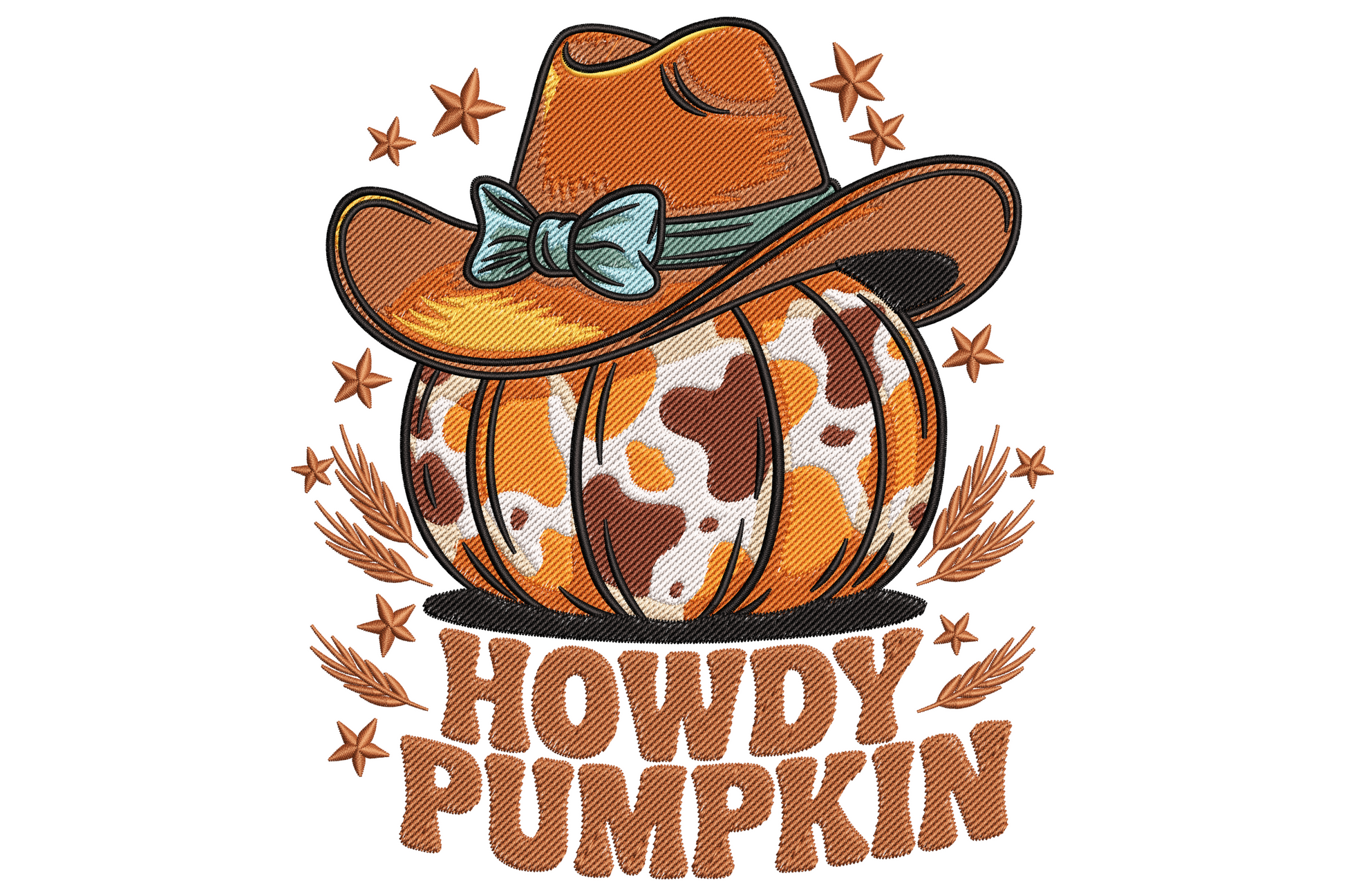 Embroidery design of smiling pumpkin wearing cowboy hat with rope-style HOWDY lettering above, green leaves below, 10 colours