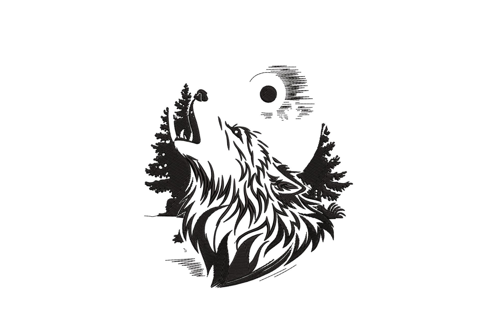 Embroidery design of a howling wolf at full moon framed in a circle with pine forest silhouette, detailed black sketch ink style