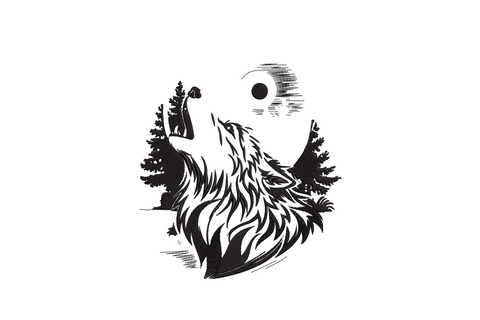 Embroidery design of a howling wolf at full moon framed in a circle with pine forest silhouette, detailed black sketch ink style