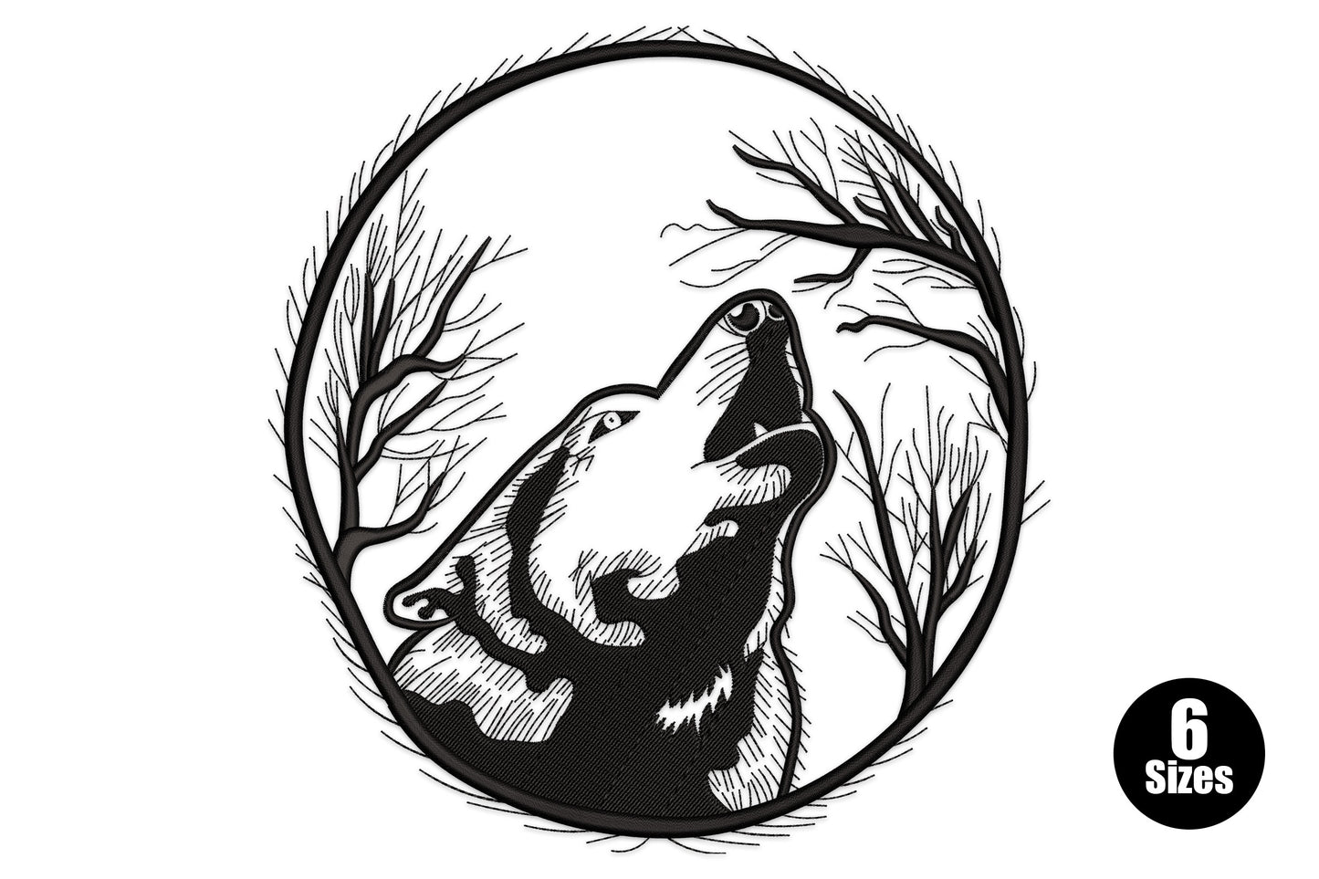 Howling wolf forest embroidery, circular bare tree border with wolf head back, black thread, 9842 to 33219 stitches, 6 sizes