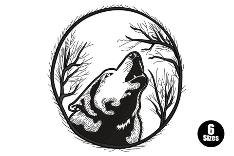 Howling wolf forest embroidery, circular bare tree border with wolf head back, black thread, 9842 to 33219 stitches, 6 sizes