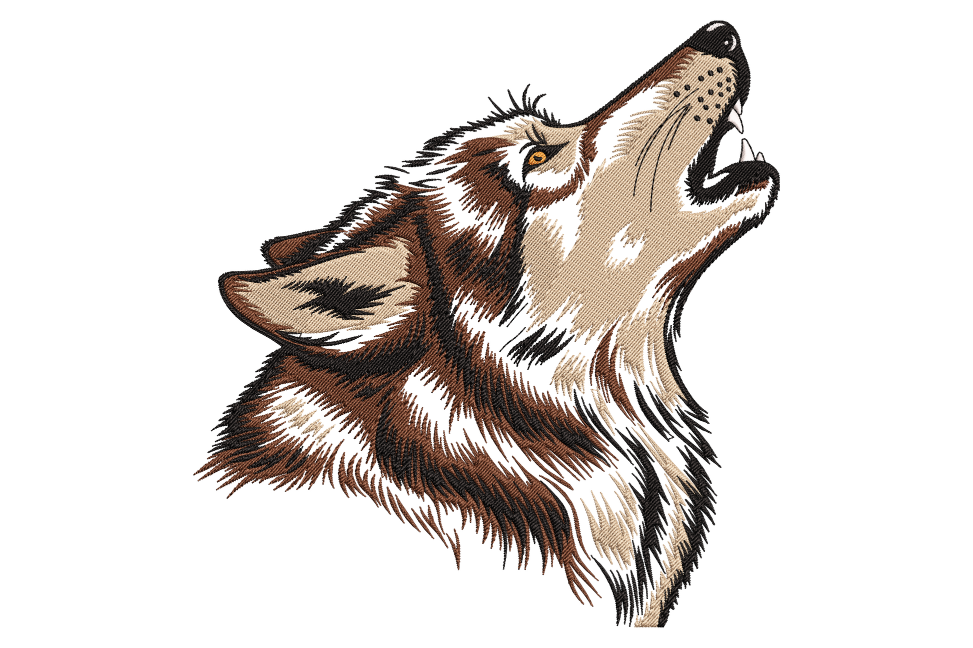 Howling wolf head embroidery in profile, deep brown and cream directional fur stitch with one golden eye and bared teeth.