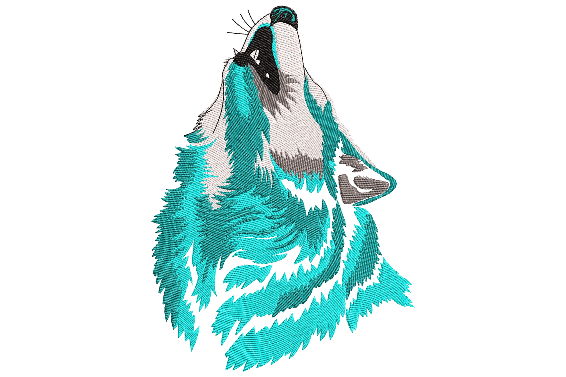 Howling wolf embroidery in bright teal and cream with directional fur stitching, black muzzle and ear accents, head tilted up