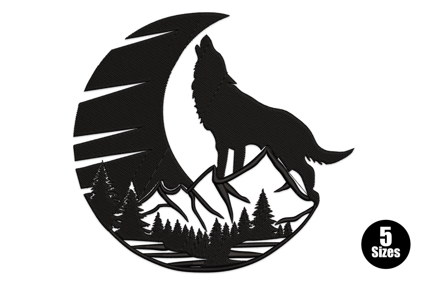 Howling wolf mountain landscape embroidery, crescent moon silhouette with pine trees and mountains, black thread, 10446 to 32300 stitches