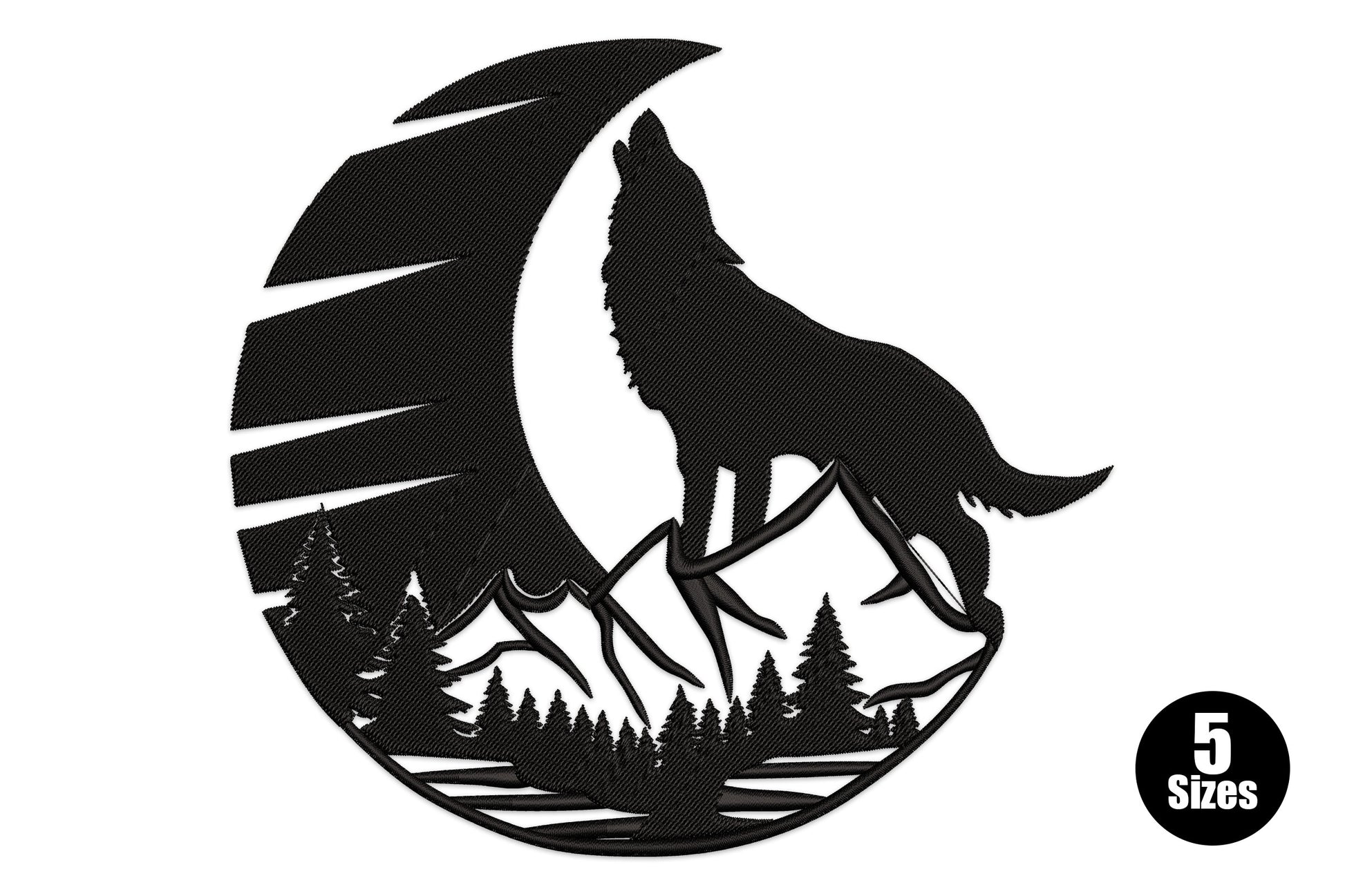 Howling wolf mountain landscape embroidery, crescent moon silhouette with pine trees and mountains, black thread, 10446 to 32300 stitches