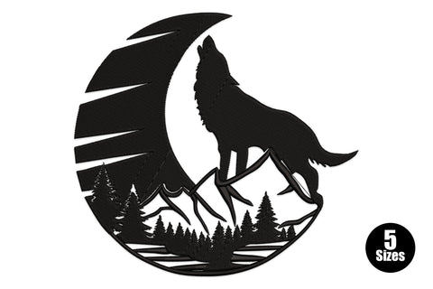 Howling wolf mountain landscape embroidery, crescent moon silhouette with pine trees and mountains, black thread, 10446 to 32300 stitches