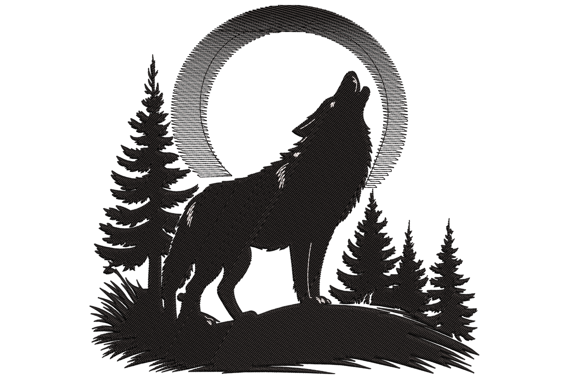 Black howling wolf silhouette on a rocky outcrop with pine trees and moon outline behind, dense satin embroidery