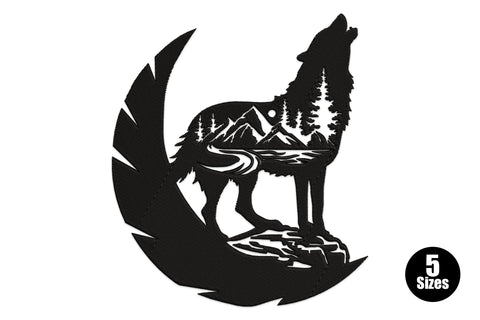 Howling wolf silhouette embroidery design with mountain landscape and full moon backdrop, solid black silhouette style with pine tree accents, square graphic composition.