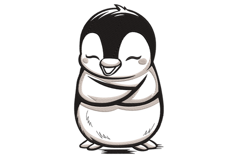 Round hugging penguin embroidery design with wings wrapped over belly, eyes closed and wide happy smile, in black and cream.