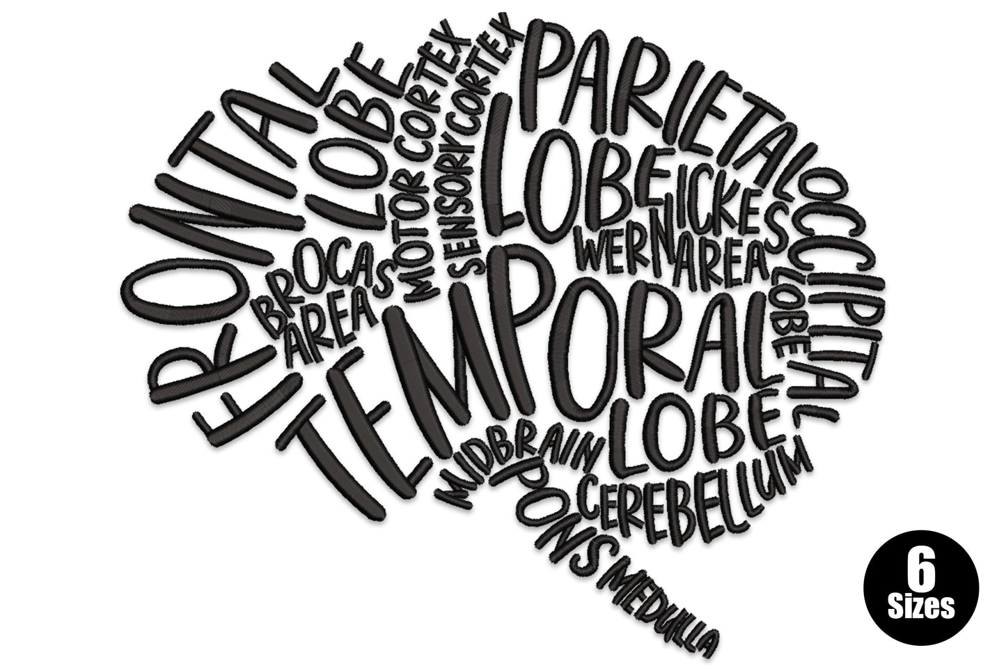 Human brain anatomy embroidery design with scientific typography labels filling the brain silhouette, single colour, 6 sizes up to 8.46 inches
