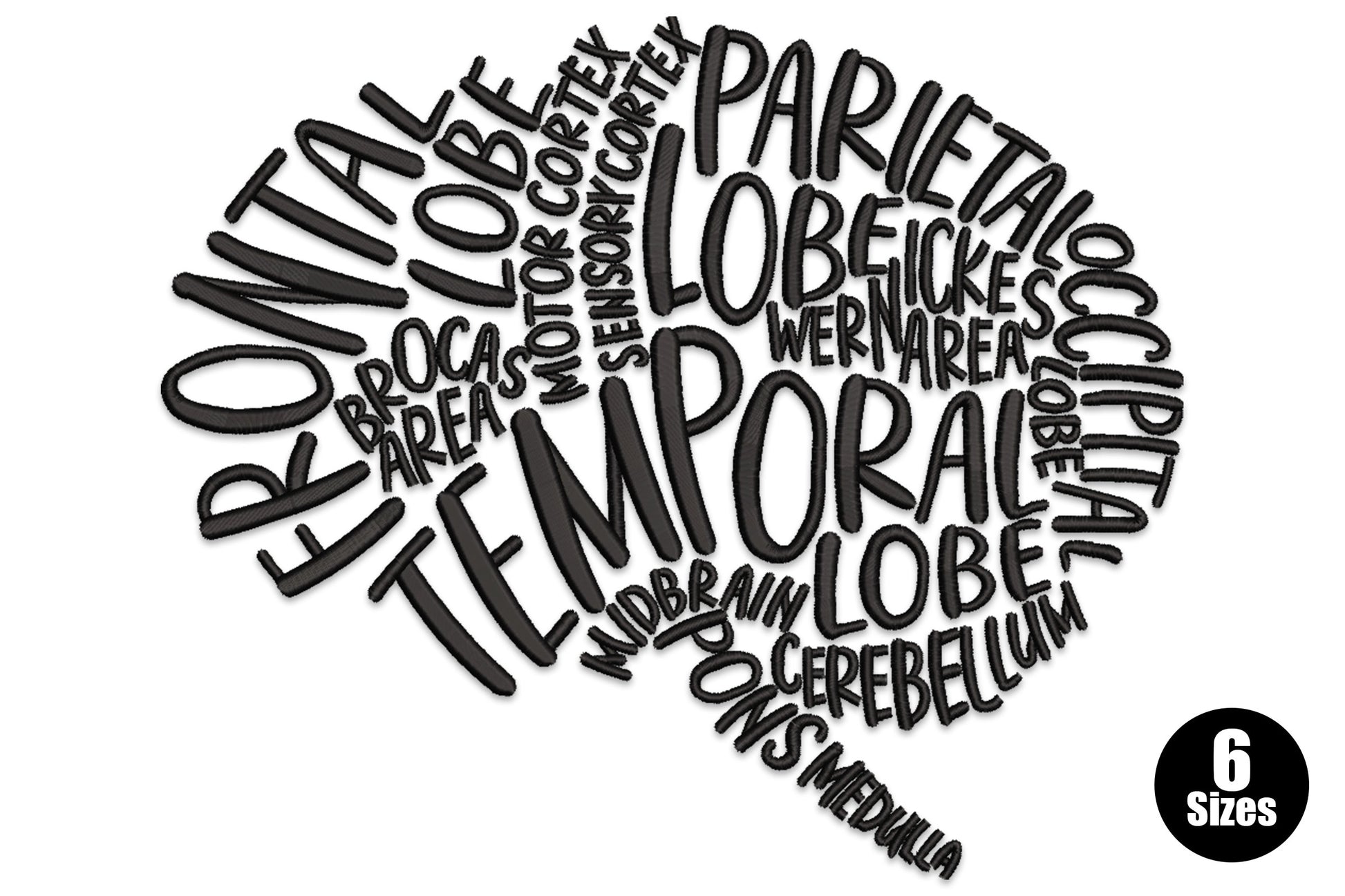 Human brain anatomy embroidery design with scientific typography labels filling the brain silhouette, single colour, 6 sizes up to 8.46 inches
