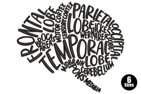 Human brain anatomy embroidery design with scientific typography labels filling the brain silhouette, single colour, 6 sizes up to 8.46 inches