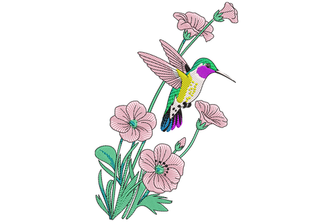 Hummingbird and pink floral spray embroidery design with jewel-toned bird body and delicate open-stitch flowers, 9 sizes.