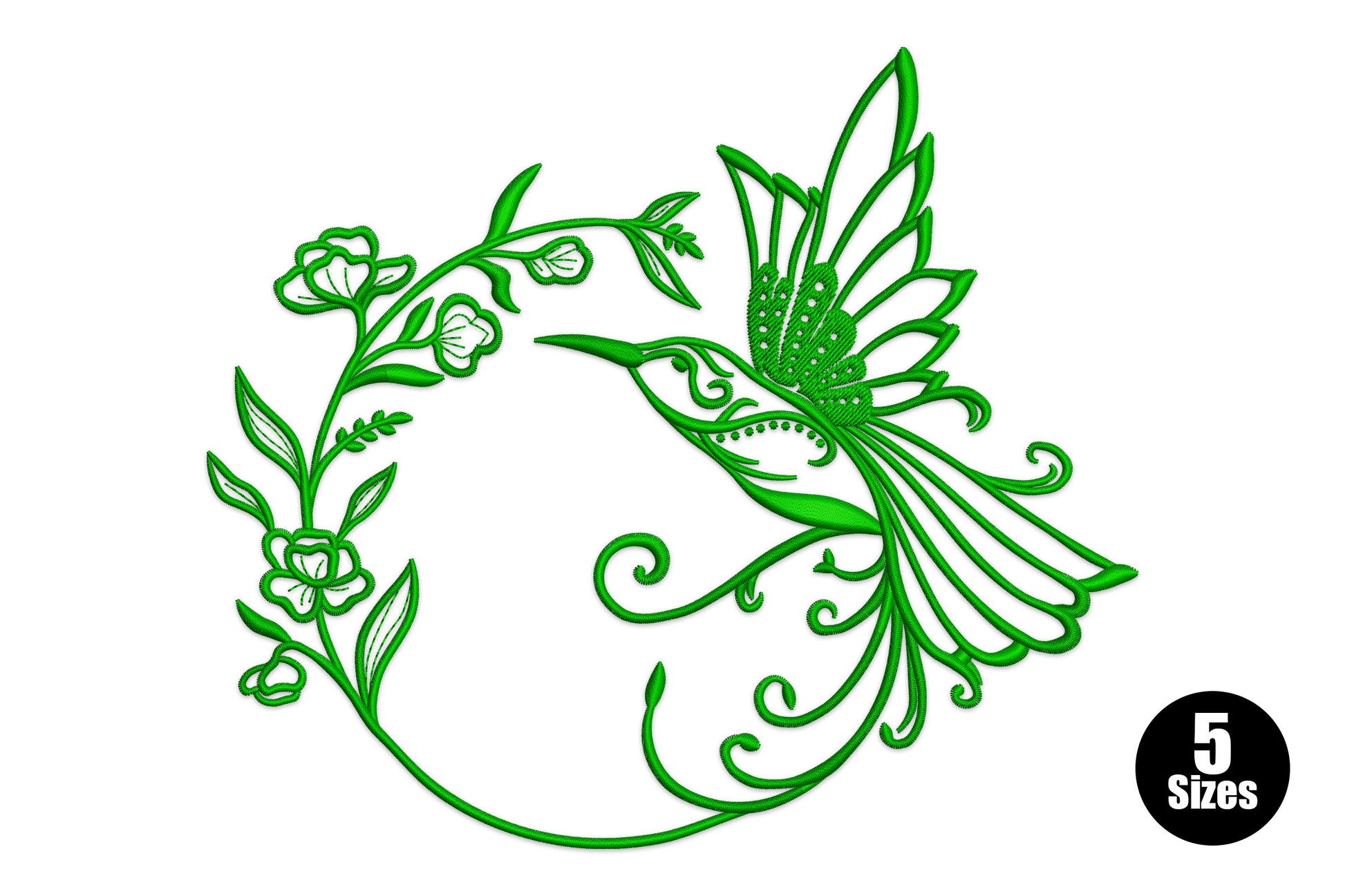 Hummingbird hovering inside a circular floral wreath embroidery design, open satin line work, 5 sizes, single colour
