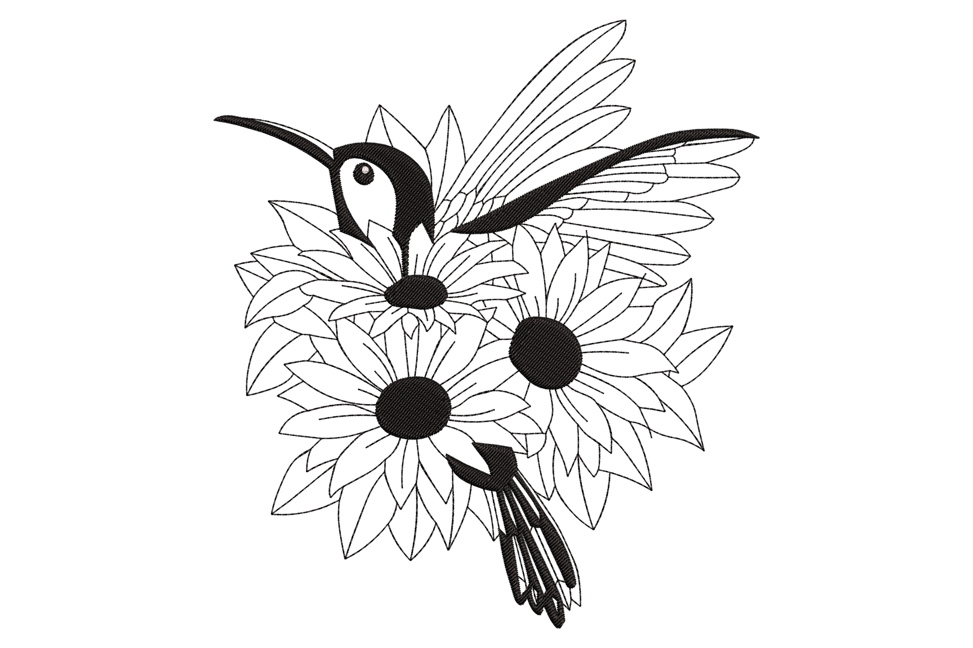 Hummingbird and sunflower embroidery in black outline line art, hummingbird hovering mid-flight among three sunflower blooms.