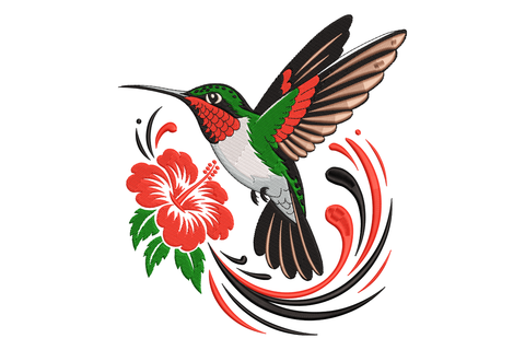 Colorful hummingbird design with a red flower on a white background