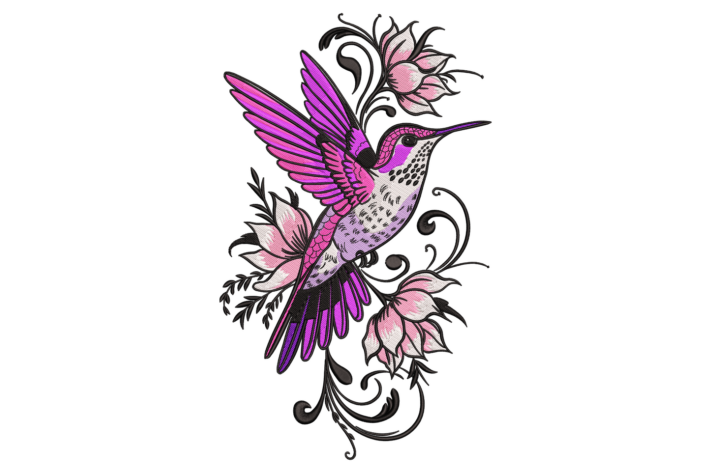 Hummingbird embroidery design with purple to pink gradient wings surrounded by black scrollwork and lotus blooms.