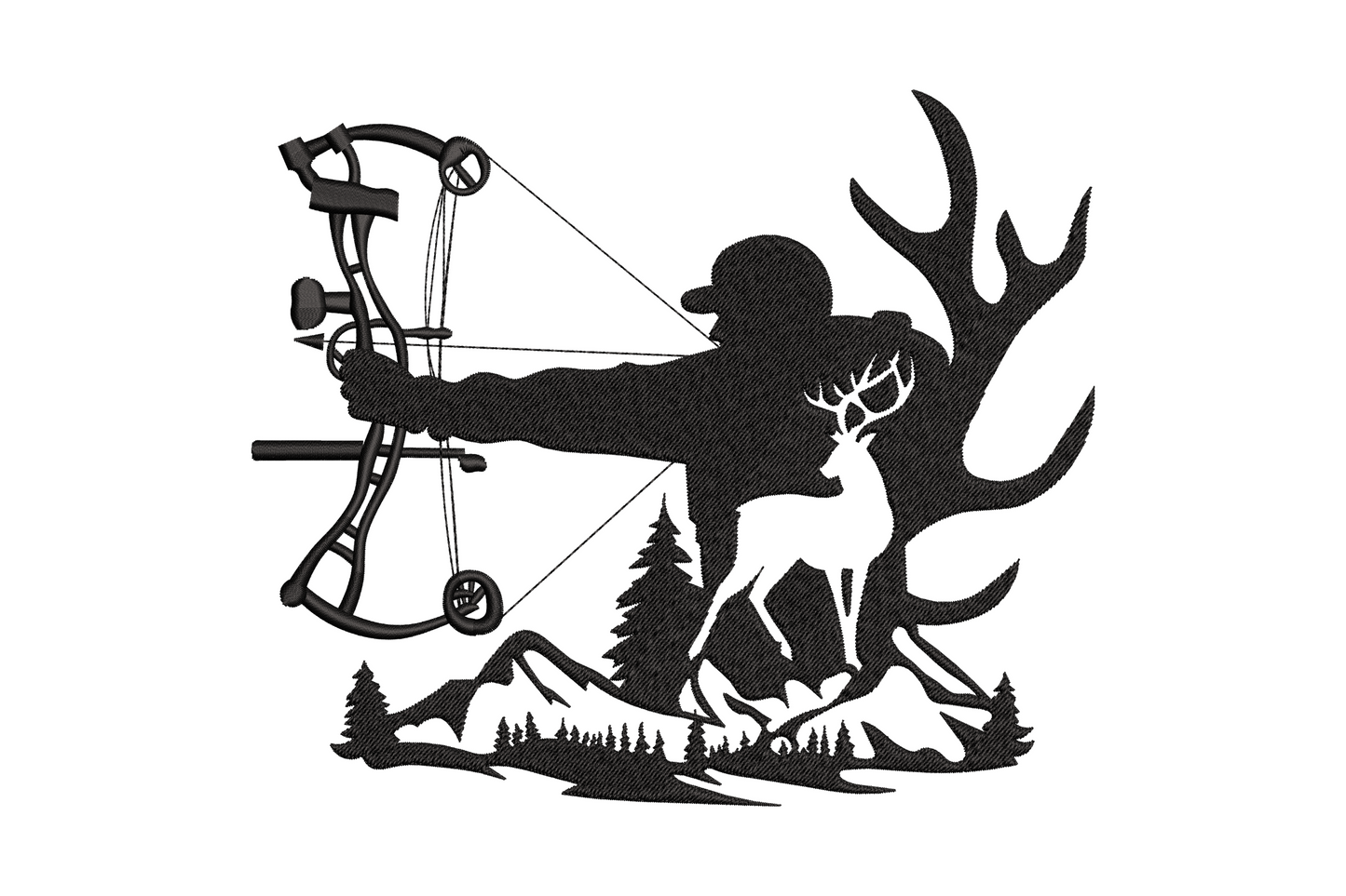 Black embroidery of a compound bow hunter in full draw, deer cutout inside the hunter body, mountain treeline below
