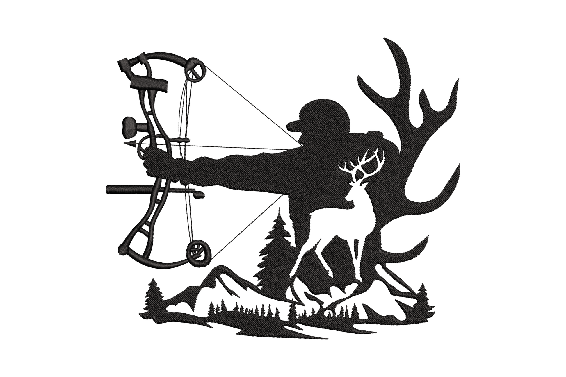 Black embroidery of a compound bow hunter in full draw, deer cutout inside the hunter body, mountain treeline below