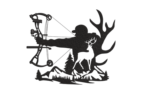 Black embroidery of a compound bow hunter in full draw, deer cutout inside the hunter body, mountain treeline below