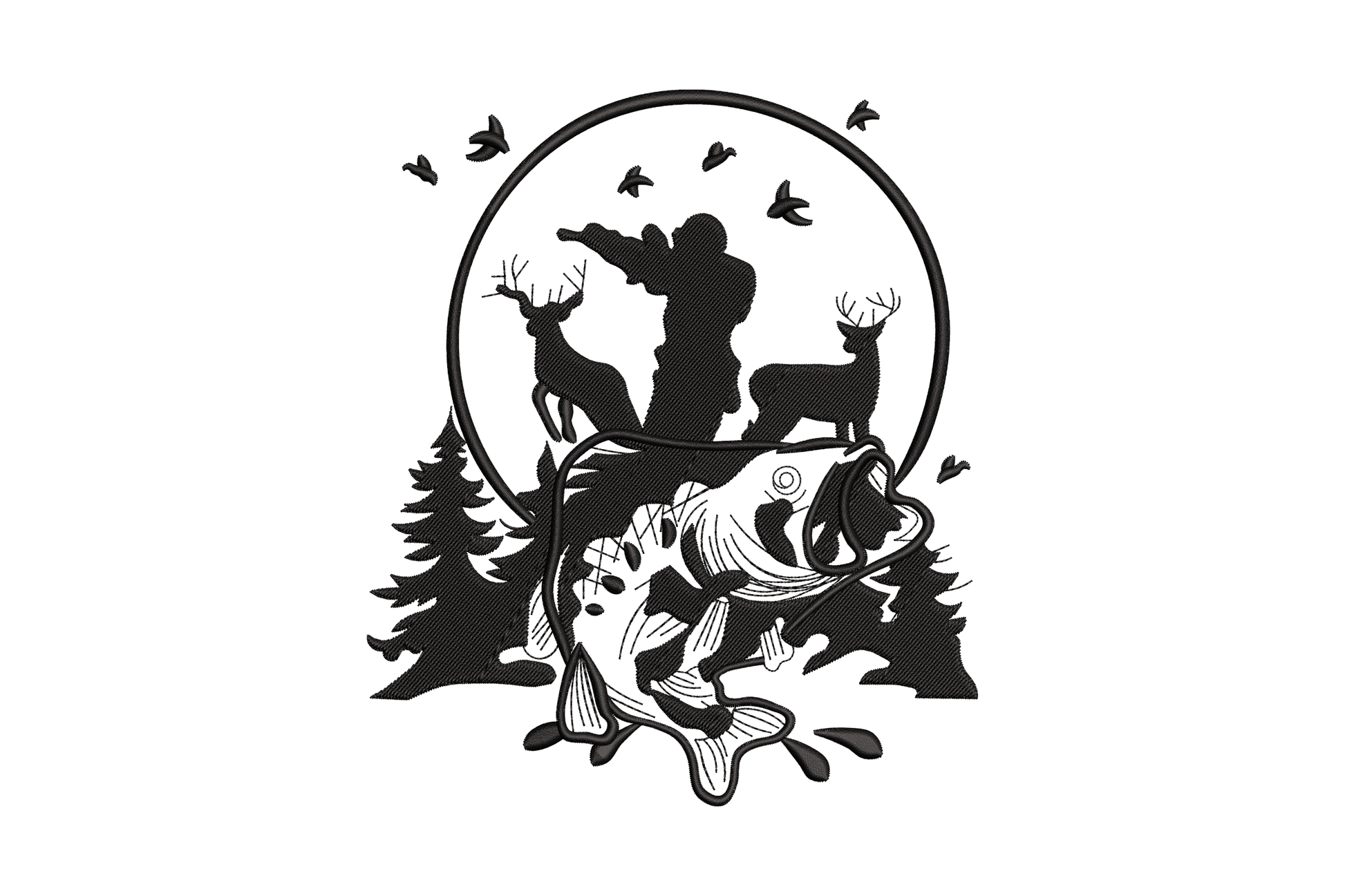 Deer bust antler embroidery with rifle, bass fish and decorative framing, black silhouette wildlife scene, 4 sizes.