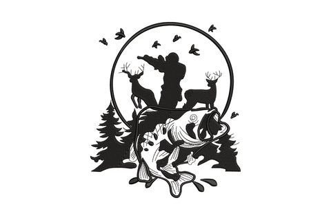 Deer bust antler embroidery with rifle, bass fish and decorative framing, black silhouette wildlife scene, 4 sizes.