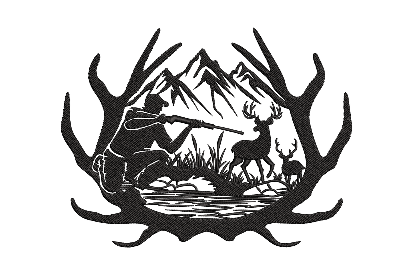 Black embroidery of a kneeling hunter aiming a rifle at 2 deer inside an antler oval frame with mountains and creek behind