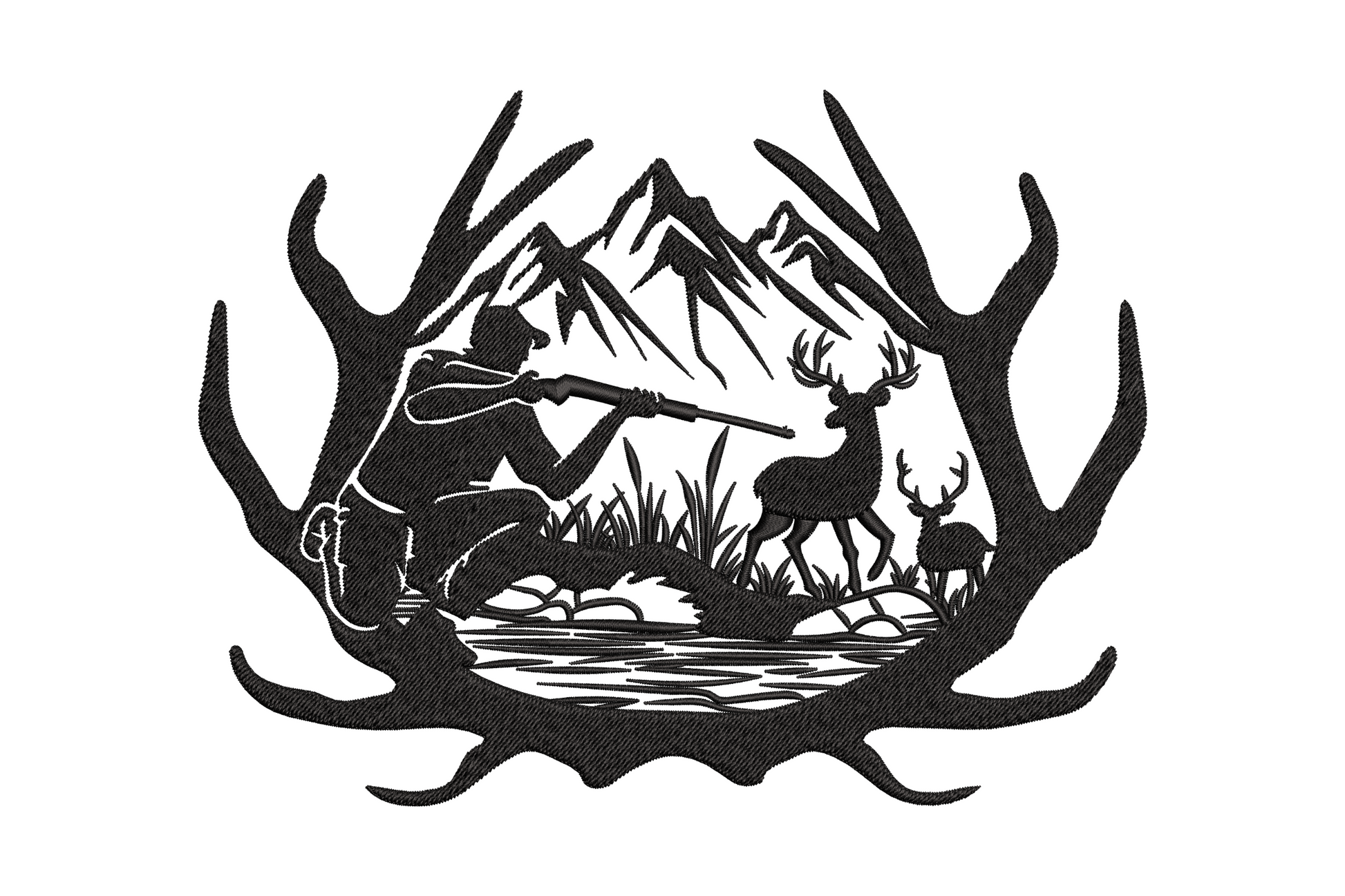 Black embroidery of a kneeling hunter aiming a rifle at 2 deer inside an antler oval frame with mountains and creek behind