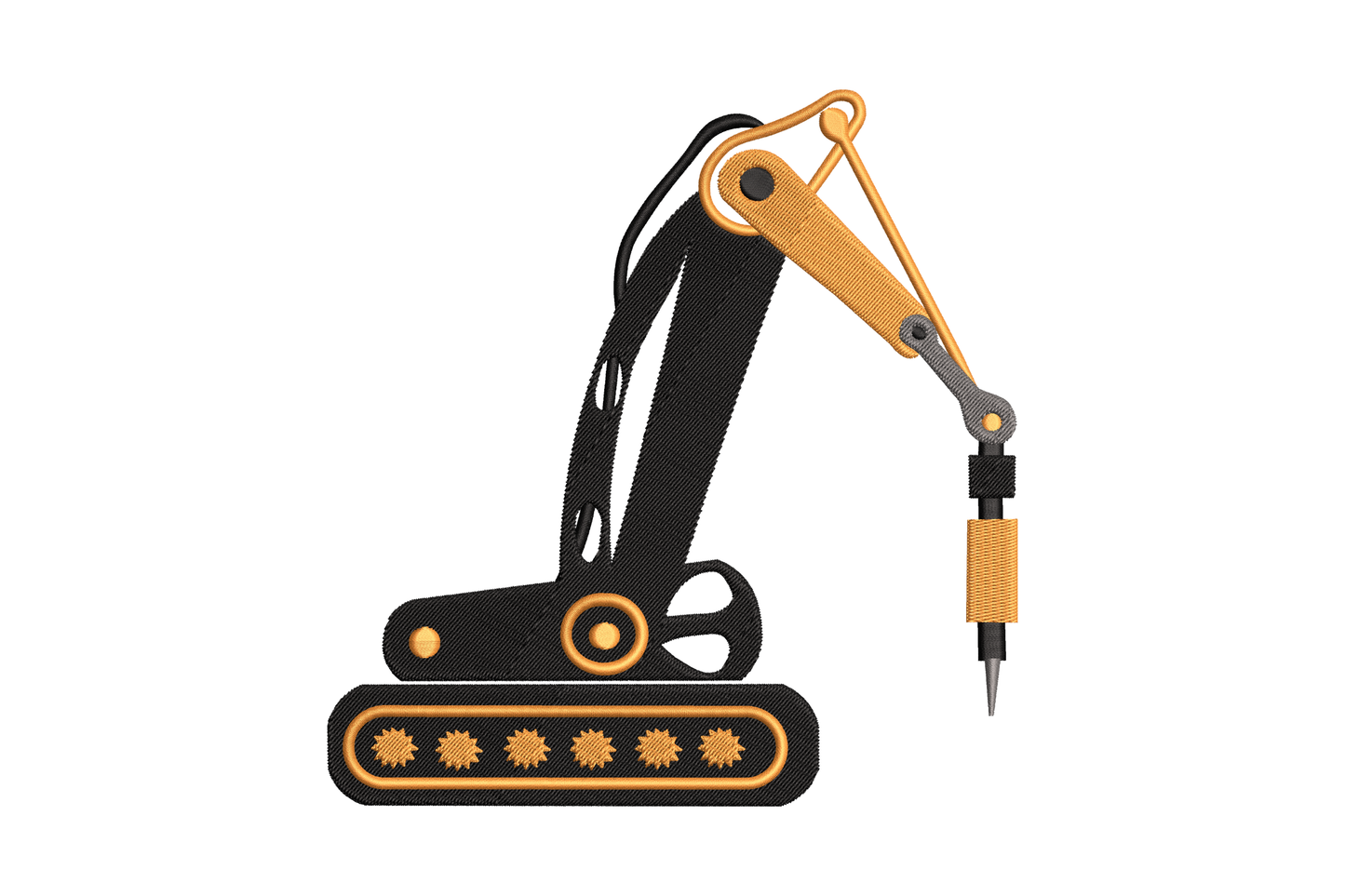 Hydraulic breaker excavator machine embroidery design in black, orange and grey showing demolition attachment and rubber tracks