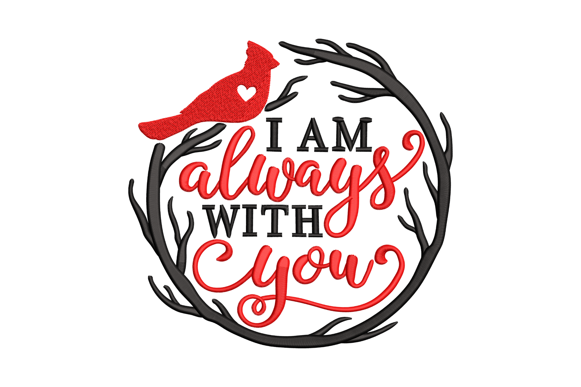 Red cardinal on bare twig wreath embroidery with block and cursive quote inside, 2-colour memorial design in red and charcoal