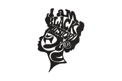 I Am Black History afro woman silhouette embroidery, typographic lettering fills the side-profile and natural hair, single colour black.