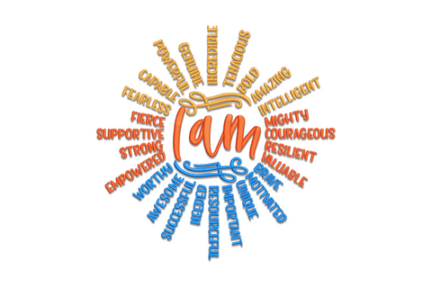 I Am positive affirmation embroidery design with I AM in large orange-red script at center and sunburst of empowerment words in orange and blue radiating outward.