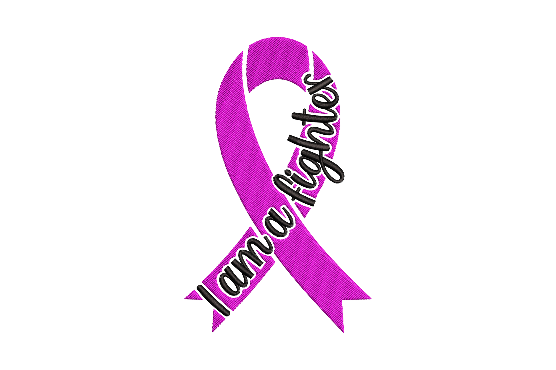 Magenta purple awareness ribbon embroidery with black cursive I Am A Fighter script laid across at a slight diagonal.