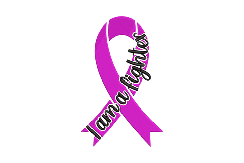Magenta purple awareness ribbon embroidery with black cursive I Am A Fighter script laid across at a slight diagonal.