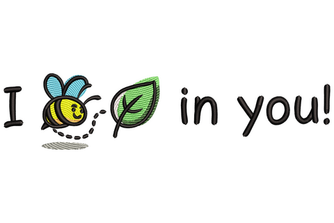 I Bee-Leaf in You embroidery, chubby amber cartoon bee on grass green leaf with bold black stripes and white wings.