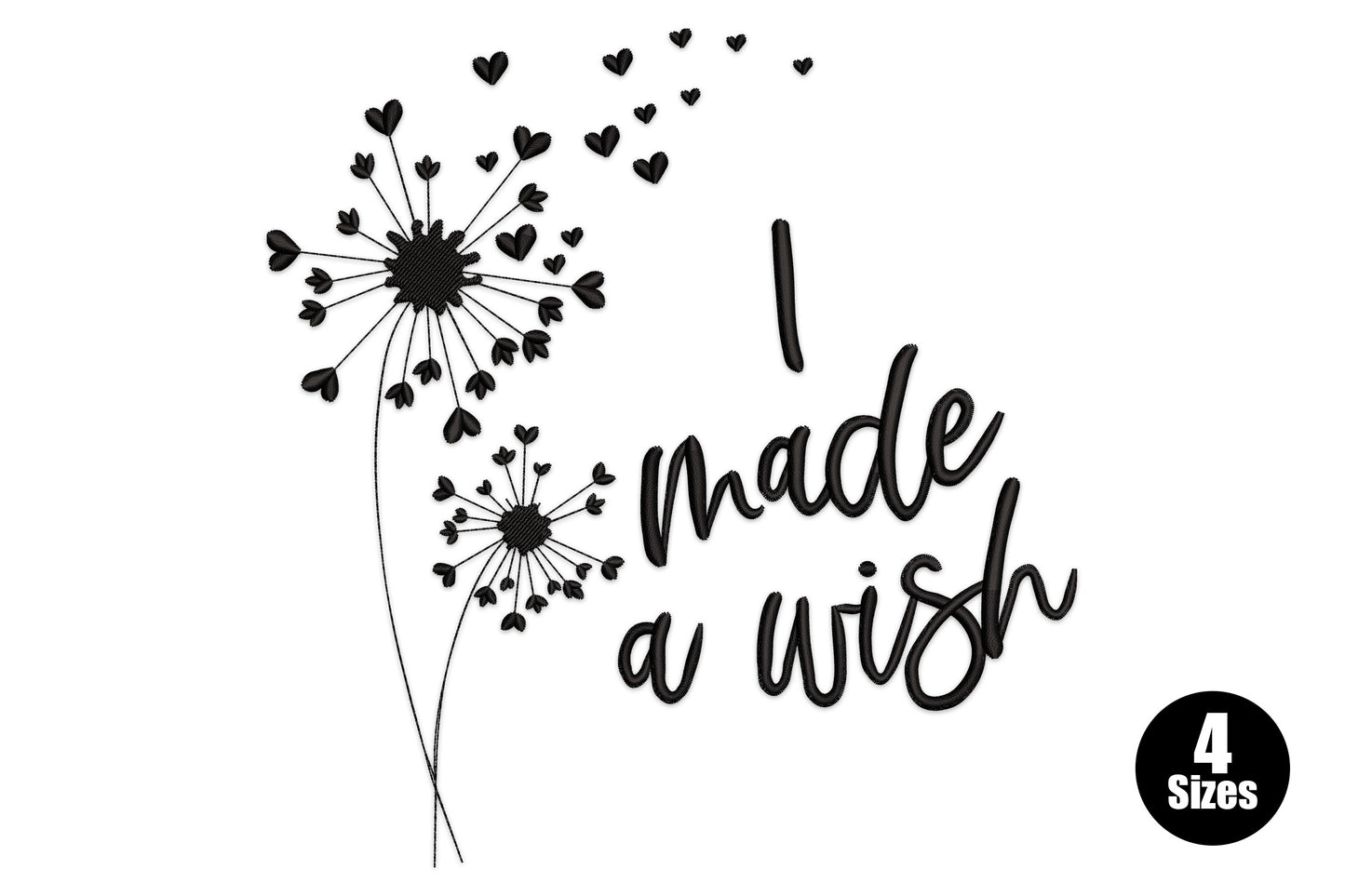 I made a wish dandelion embroidery design, heart-shaped seeds floating from dandelion with script text, black thread
