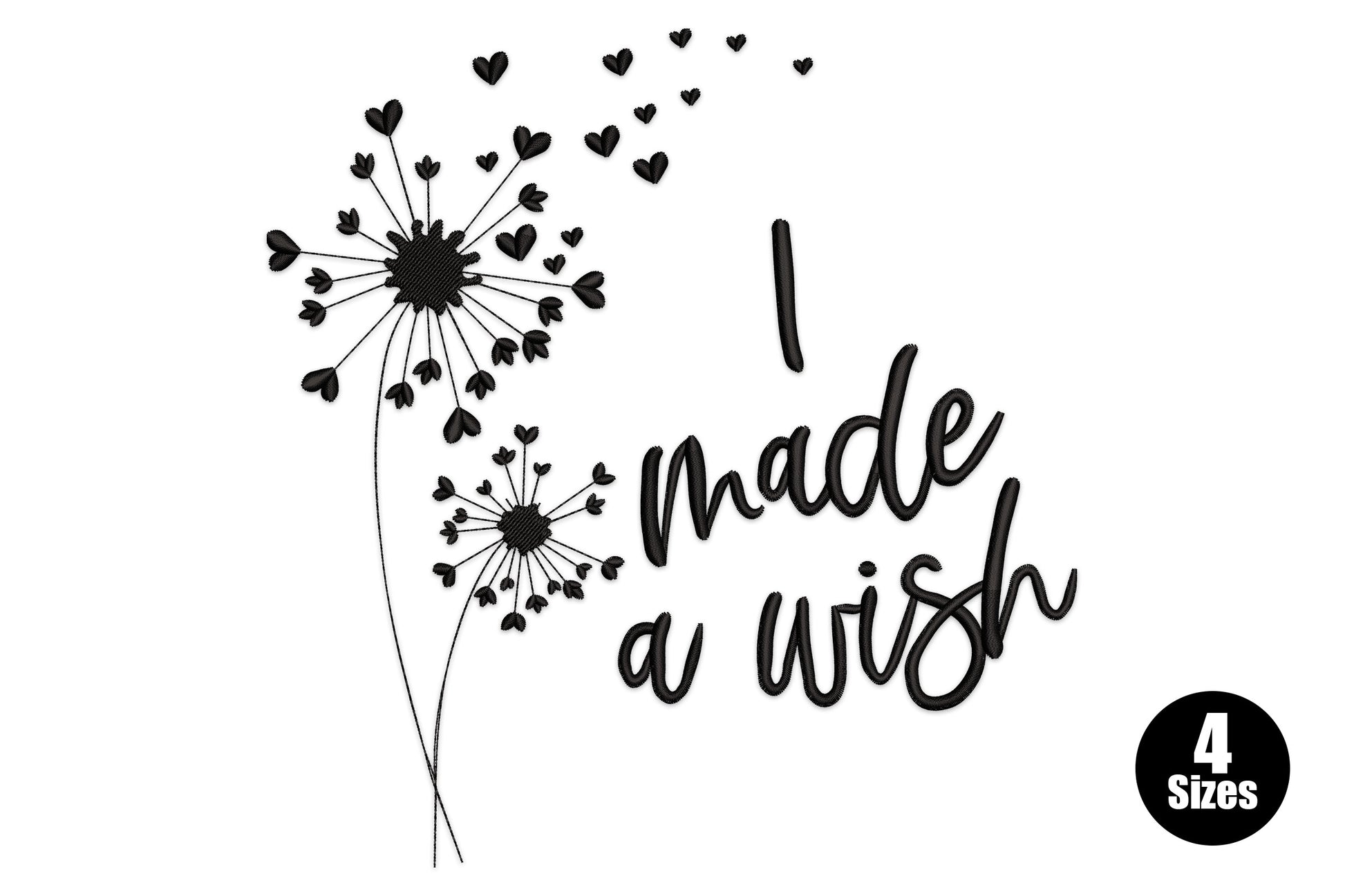 I made a wish dandelion embroidery design, heart-shaped seeds floating from dandelion with script text, black thread