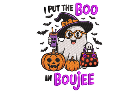 Funny Halloween ghost with chunky boujee lettering in eleven colours, portrait style, pop-art bold fills, 2.63 by 3.5 inches machine embroidery design