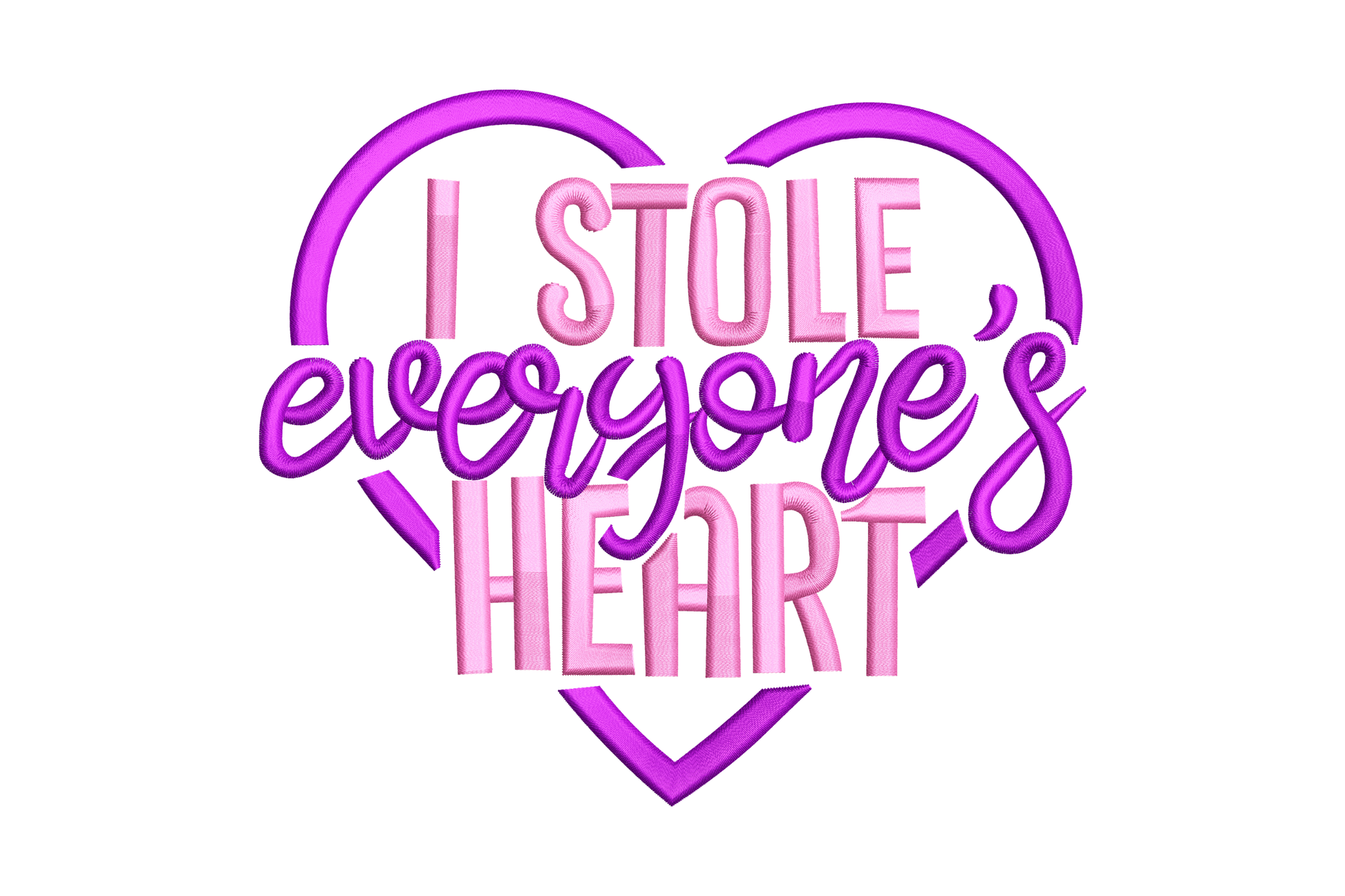 I Stole Everyones Heart kids embroidery with pink block letters and cursive inside a purple heart outline frame.