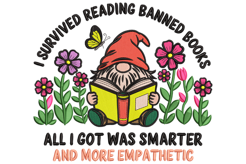 Gnome reading a yellow book amid pink flowers and a butterfly, with banned-books slogan text arching above and below.