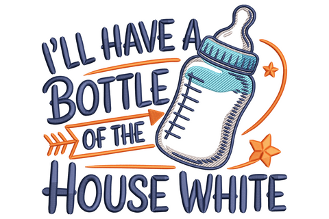 I'll have a bottle of the house white embroidery in navy block letters with pale blue baby bottle, orange arrows and stars