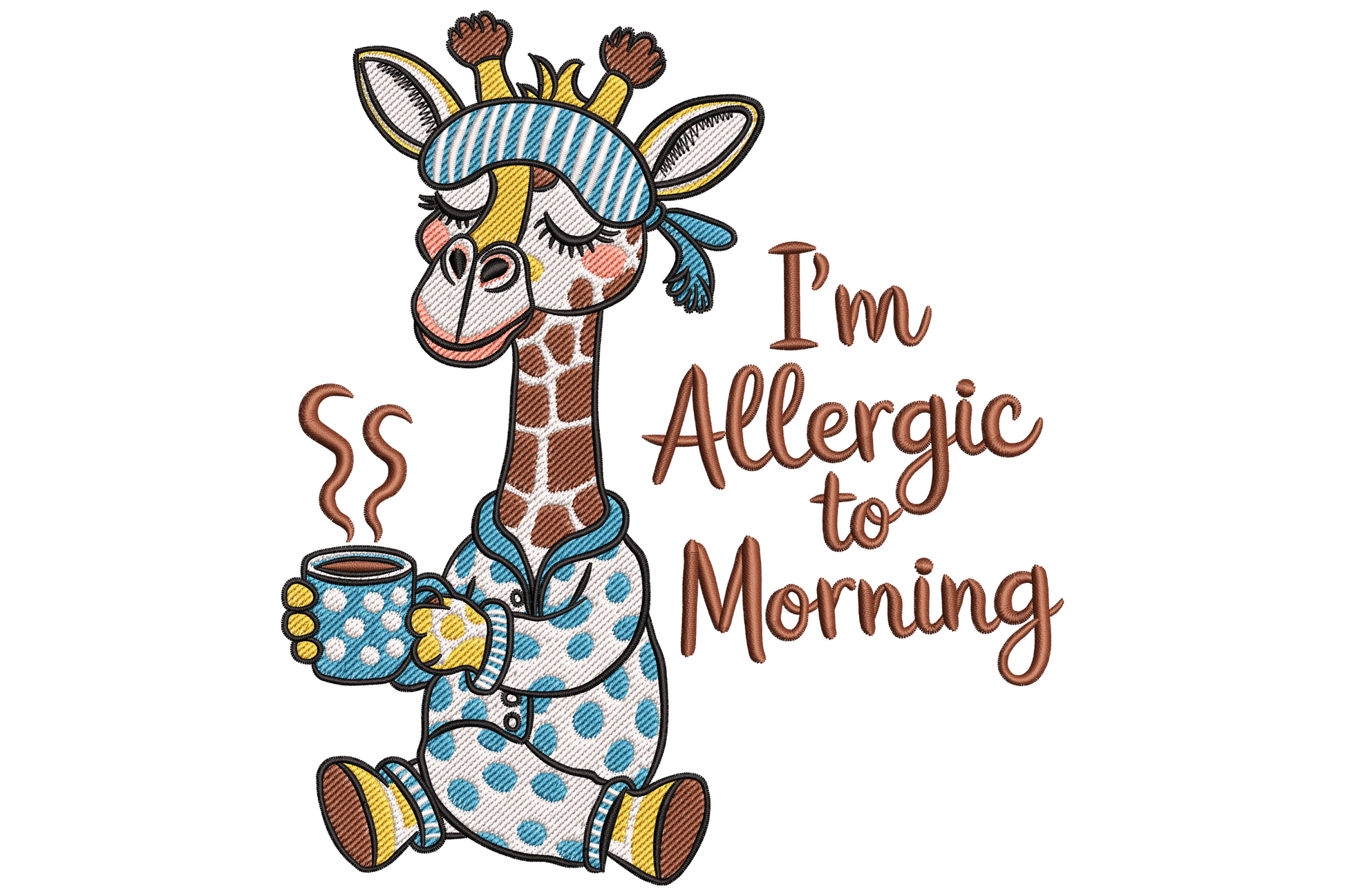Funny giraffe with grumpy morning expression and quote lettering embroidery design in 6 thread colours on cream cotton fabric
