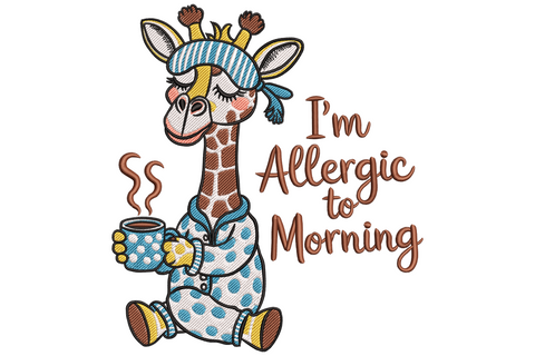 Funny giraffe with grumpy morning expression and quote lettering embroidery design in 6 thread colours on cream cotton fabric