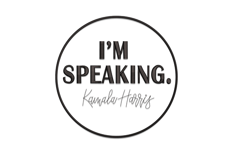 I'm Speaking Kamala Harris embroidery design, circular badge with bold block caps and script signature, single colour