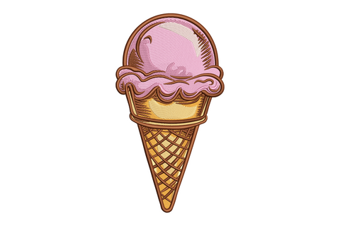 Ice cream cone embroidery design with blush pink scoop, drips and caramel waffle cone crosshatch grid, 7 sizes, 6 colours.