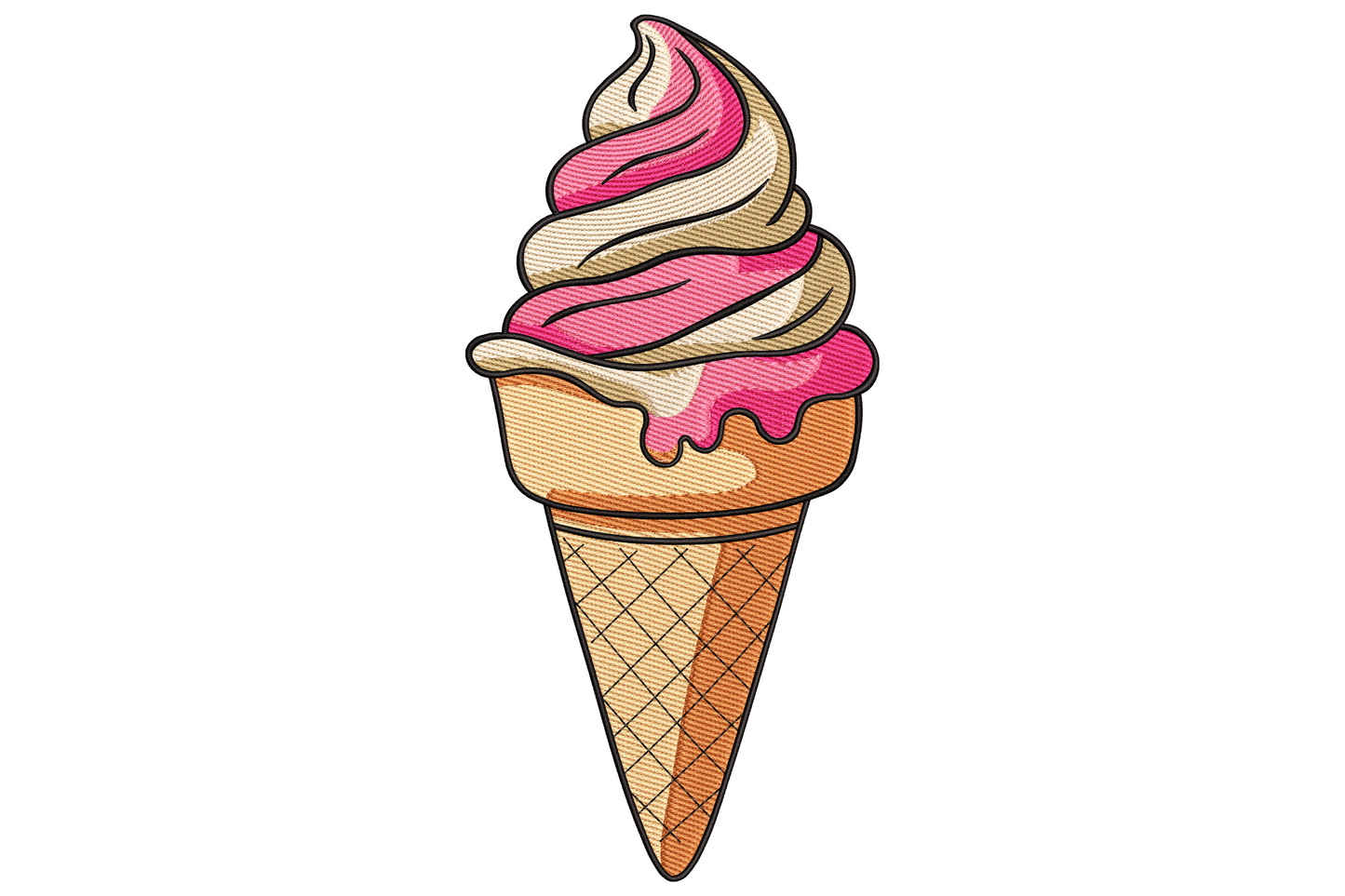 Ice cream cone embroidery design with rounded single scoop above satin waffle cone grid, 7 colours including pink scoop and golden-brown cone on white.