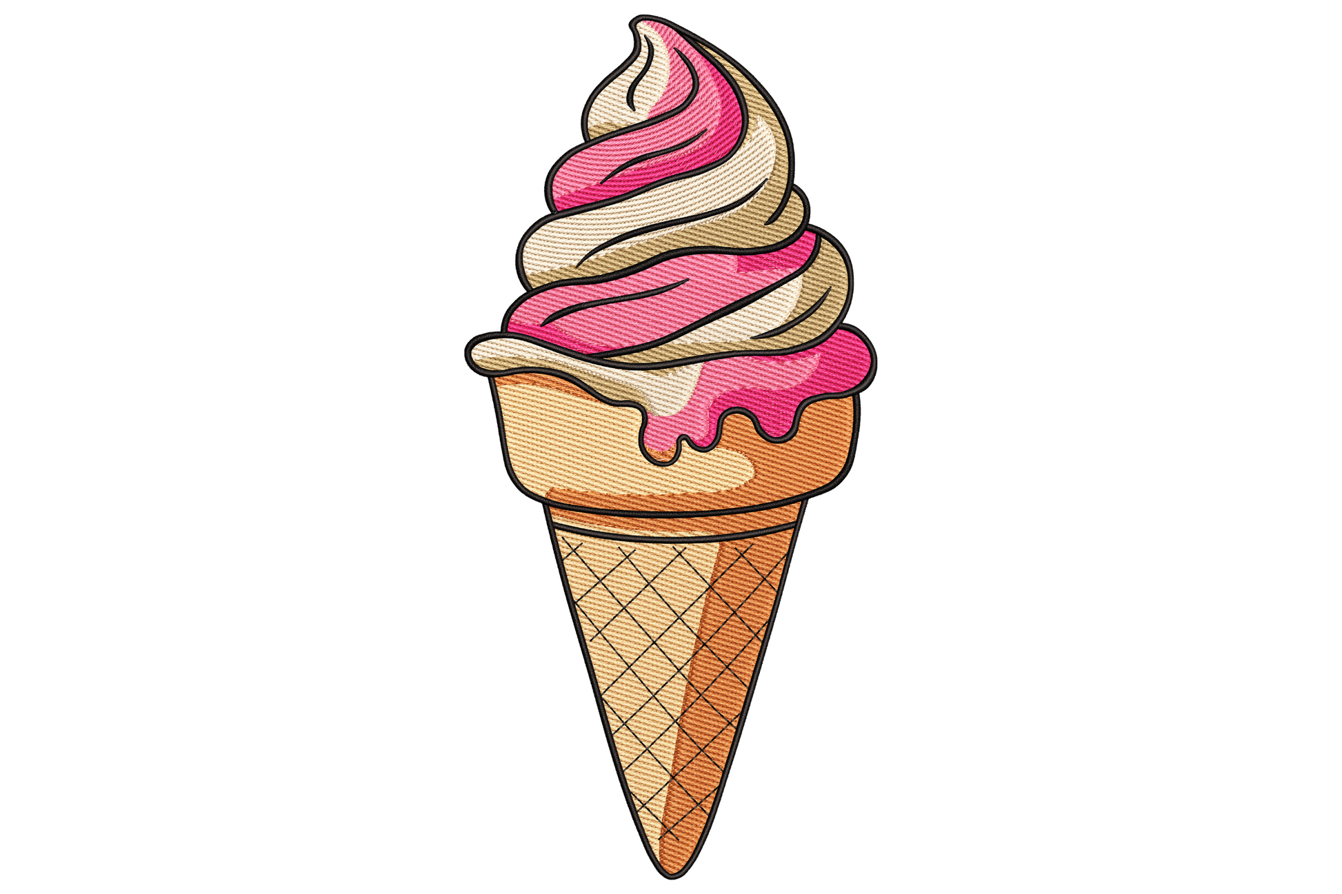 Ice cream cone embroidery design with rounded single scoop above satin waffle cone grid, 7 colours including pink scoop and golden-brown cone on white.