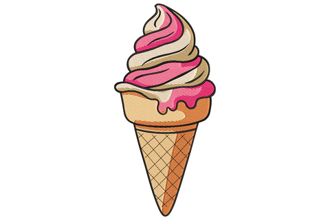 Ice cream cone embroidery design with rounded single scoop above satin waffle cone grid, 7 colours including pink scoop and golden-brown cone on white.
