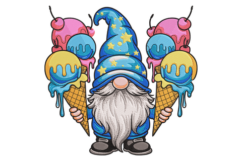 Ice cream gnome embroidery design with blue star hat, long white beard and two dripping waffle cones, 14 colours summer design.